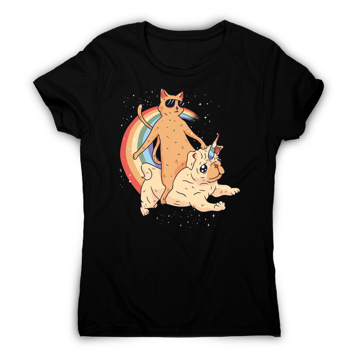 Cat riding unidog funny illustration t-shirt women's
