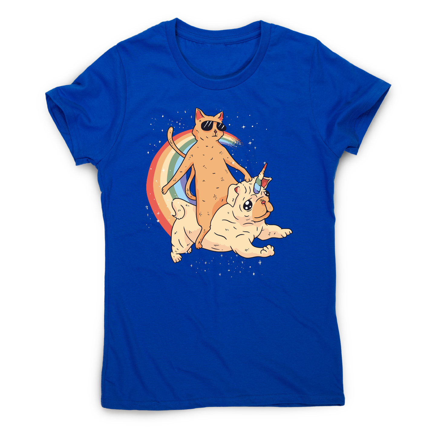 Cat riding unidog funny illustration t-shirt women's