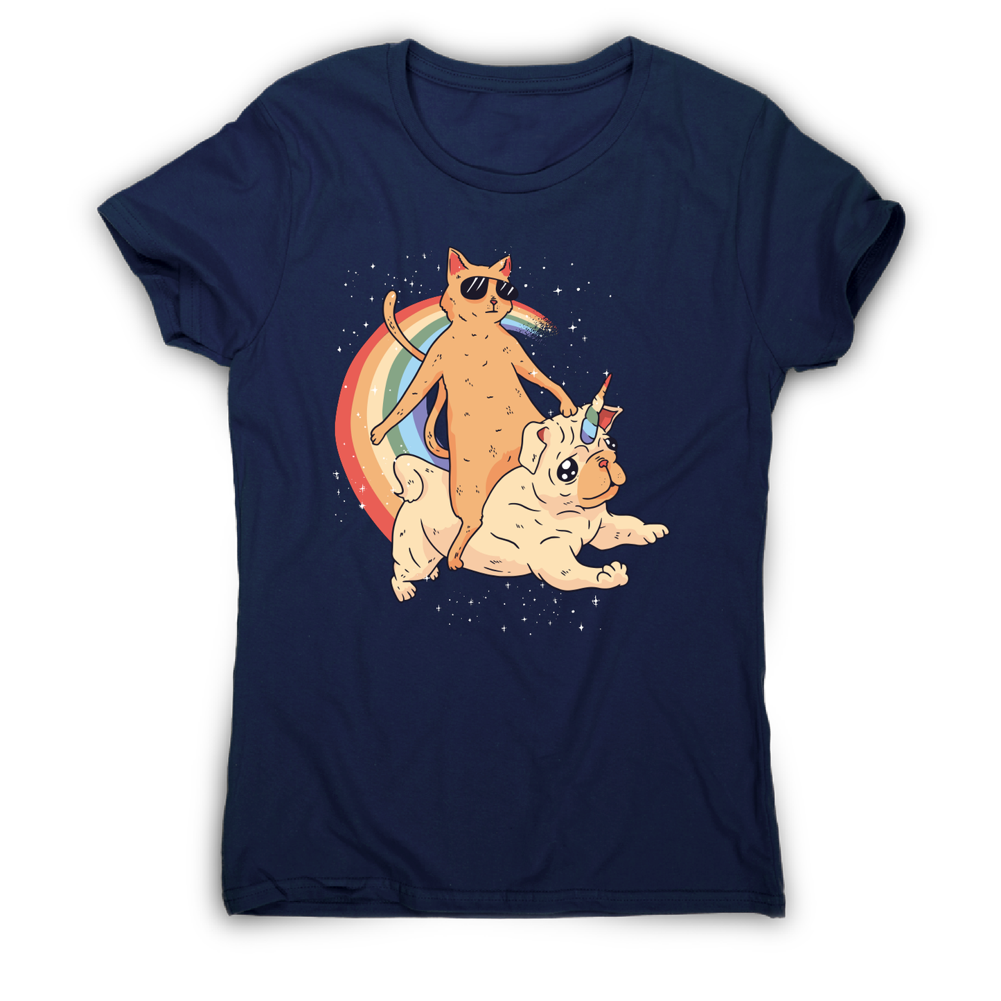 Cat riding unidog funny illustration t-shirt women's