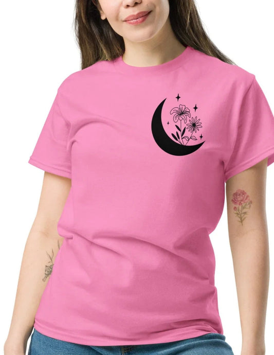 Floral Crescent Moon WomenÃ¢â‚¬â„¢s TÃ¢â‚¬â€˜Shirt Nature Inspired Graphic Cotton Tee