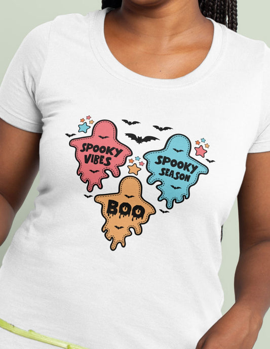 Spooky Season TÃ¢â‚¬â€˜Shirt Ghost Trio Graphic Tee 100% Cotton