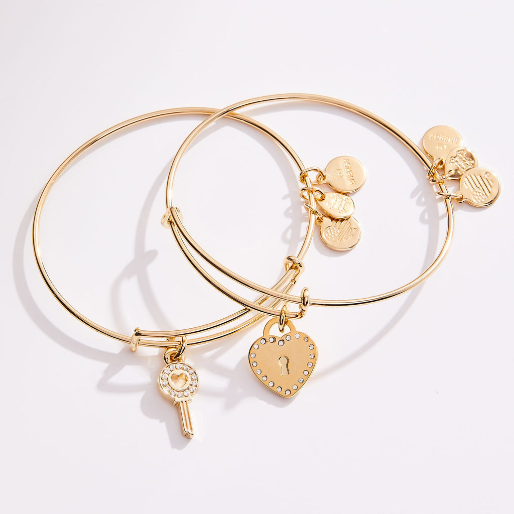 Pavé Key to Love Charm Bangle Bracelets, Set of 2