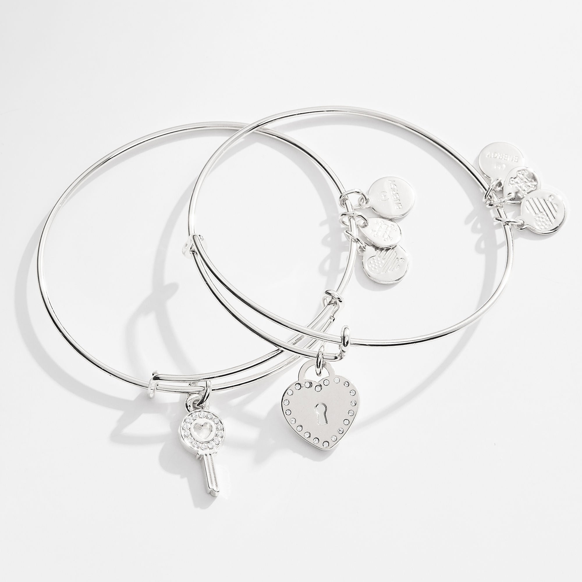 Pavé Key to Love Charm Bangle Bracelets, Set of 2