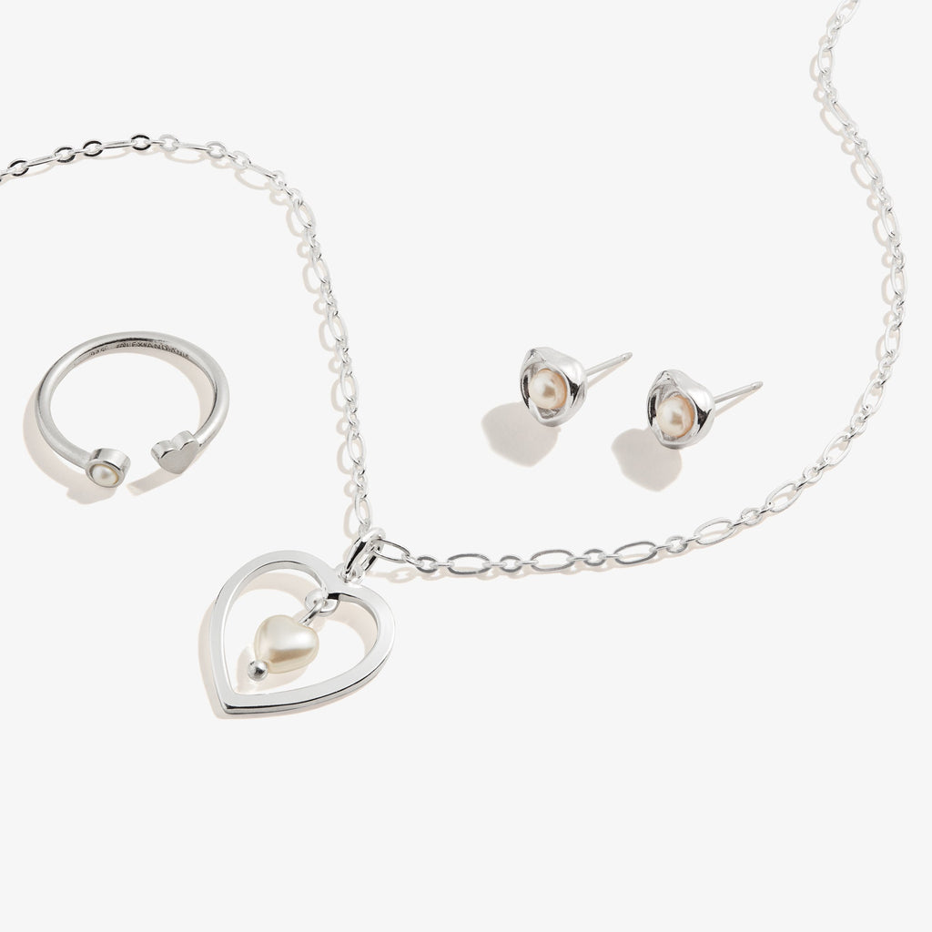 Pearl Heart Necklace, Stud Earring + Ring Set