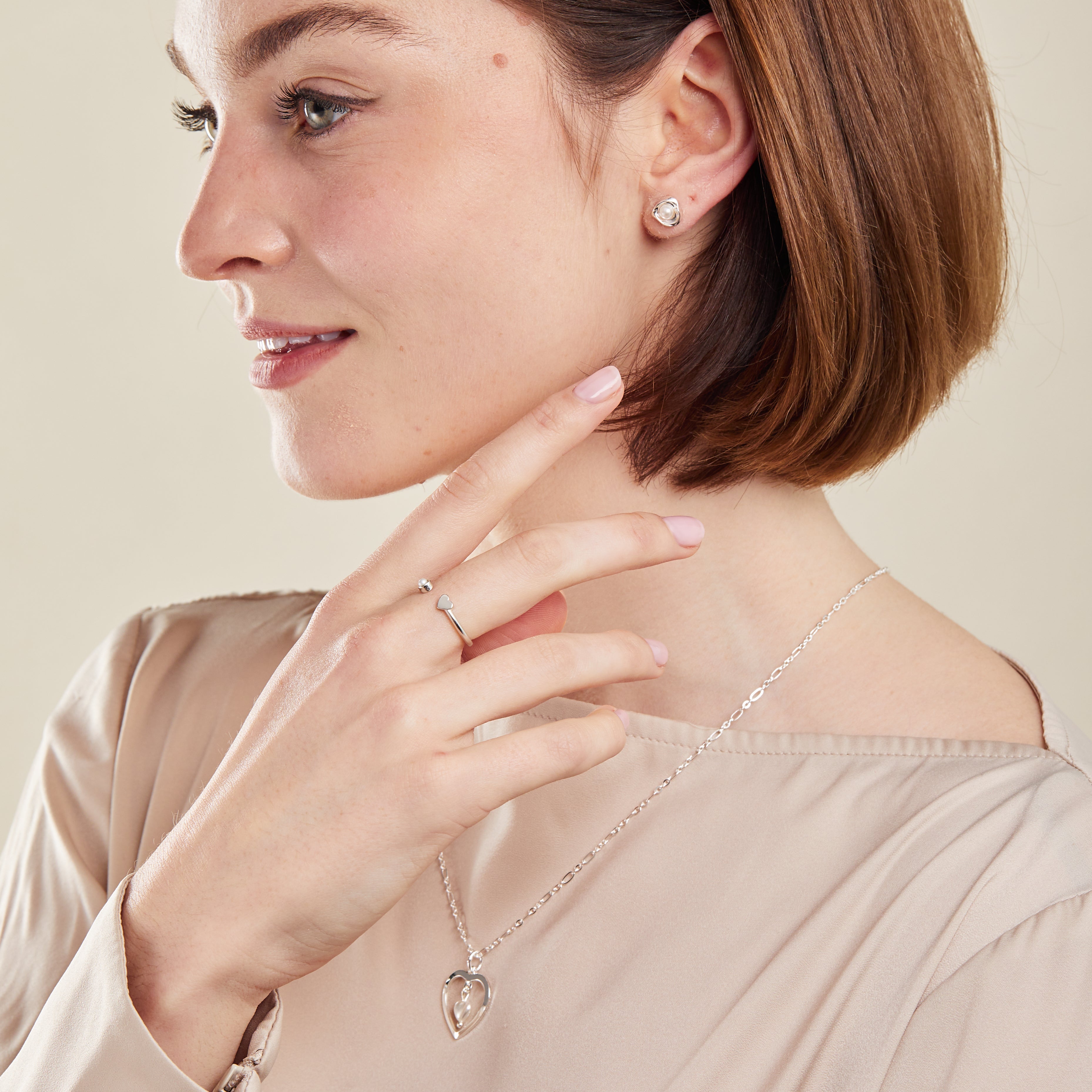 Pearl Heart Necklace, Stud Earring + Ring Set